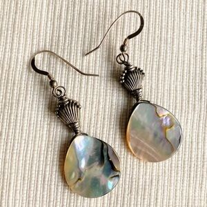 Vintage Abalone Shell Sterling Silver 925 Hooks Dangling Teardrop Earrings